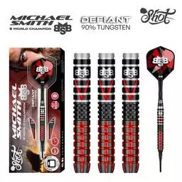 Click here to learn more about the Shot! Darts Michael Smith Defiant Soft Tip Dart Set-90% Tungsten Barrels .