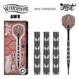 Click here to learn more about the Shot! Darts Warrior Awe Soft Tip Dart Set-90% Tungsten Barrels 18 Grams.